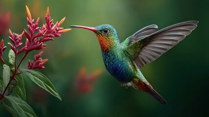 Fototapeta premium A colorful hummingbird hovering near a flower, capturing its delicate movements and vibrant plumage