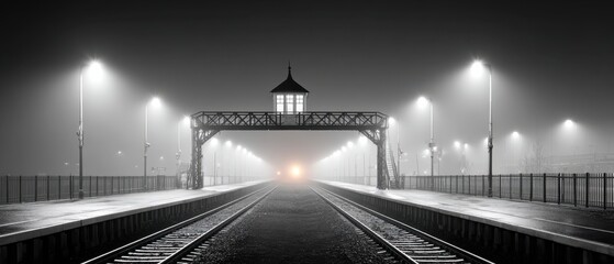 Eerie Night at Empty Foggy Train Station: Waiting for Arrival of Distant Train