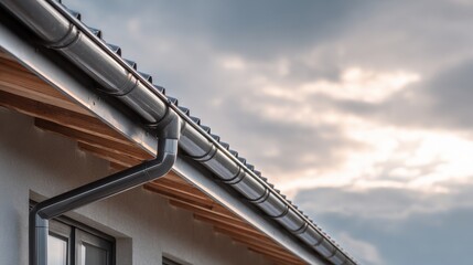 Modern Roof Gutter System with Dramatic Cloudy Sky in Background Over Contemporary House Exterior
