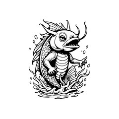 Intricate monochrome drawing of a whimsical fish-human hybrid creature riding on waves with bold lines and detailed features
