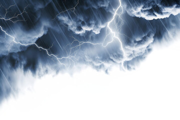 Stormy sky with lightning and rain isolated on a transparent background
