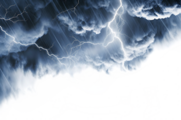 Stormy sky with lightning and rain isolated on a transparent background