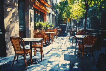 Sunny terrace at a cafe in Paris showcasing outdoor seating and sunlight filtering through trees, Sunny Cafe Terrace in Paris