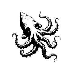 Monochrome octopus vector illustration showcasing intricate tentacles and detailed sucker in vintage engraving style with expressive eyes