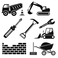 Obraz premium Construction Icons Dump Truck, Excavator, Tools, and Building Materials