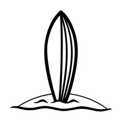 Simple Surfboard Standing in the Sand – Line Art Vector Illustration – Minimalist Beach Icon for Summer Graphics, Surf Culture Designs, Ocean Sports, and Coastal-Themed Projects


