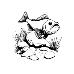 A charming illustration of a fish poised on rocks amidst aquatic plants in black and white