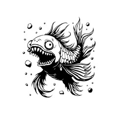 A monstrous stylized fish with sharp teeth in black and white swimming amongst bubbles illustration