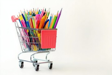 School Office Supply and Stationery in a Shopping Trolley Isolated on White Color Back to School