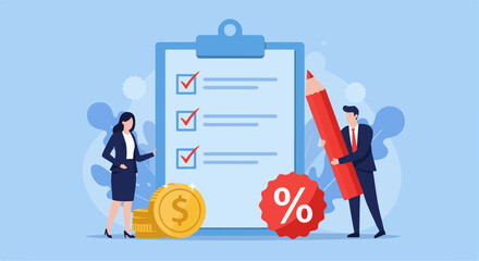 Financial Compliance, Budgeting & Discount Planning.Illustration of financial compliance/planning: businesswoman with checklist, businessmen with dollar coin, percentage symbol, and pencil.