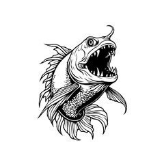 Detailed monochromatic illustration showcasing a menacing fish with sharp teeth in striking black and white