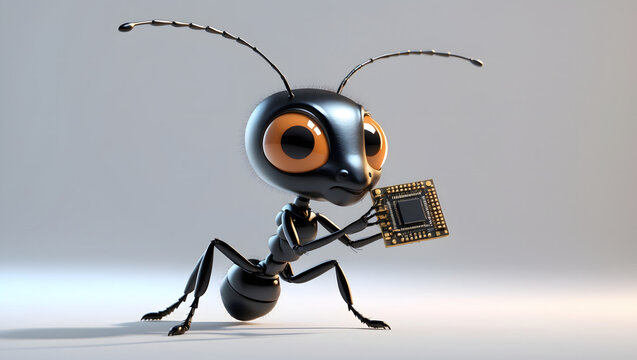 A meticulously crafted cartoon ant delicately holds a microchip in its grasp, symbolizing the convergence of nature and technology.