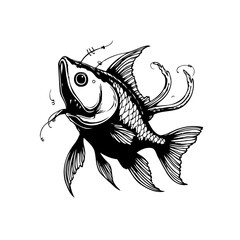 Mysterious aquatic creature sketch: Detailed black and white drawing of strange fish with tentacles