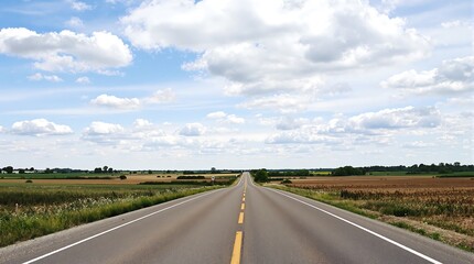 Fototapeta premium Endless Rural Road Under Expansive Sky with Fluffy Clouds