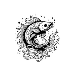 Detailed fish illustration featuring intricate scales, flowing fins, and decorative swirls enhancing the sea life theme with artistic expression