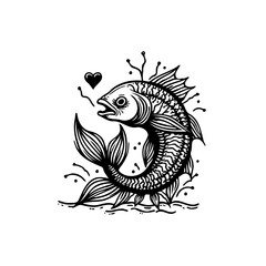 Stylized monochrome illustration of a fish with a heart, creating a whimsical design suitable for various applications