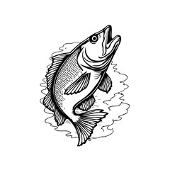 Elegant monochrome illustration capturing a leaping fish in detailed line art with splash and movement