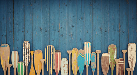 Vintage wooden paddles on blue nautical background © Lifeisbeautiful