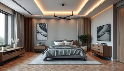 Sophisticated Bedroom Retreat with Modern Design and Warm Lighting Accents Featuring a Neutral Color Palette and Natural Wood Tones