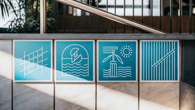 Four blue panels with white line art depict water grids, a water valve, a weather station, and a bar graph, mounted on a wall under a railing.