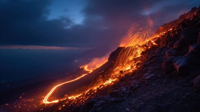 Epic volcano eruption with glowing lava spilling over the crater rim, long exposure effect on lava trail, glowing streaks illuminating the rocky slope and ash clouds