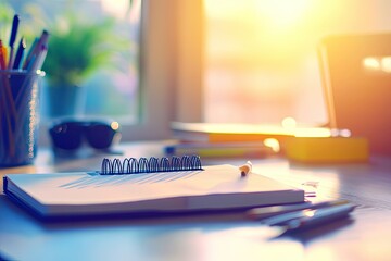 Clear Pixel Visual of Workplace with Notebook and Stationery