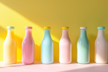 Premium Quality Image of Colourful Milk Bottles on Bright Table