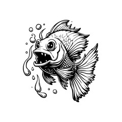 Detailed illustration of a menacing fish with wide eyes and sharp teeth swimming swiftly