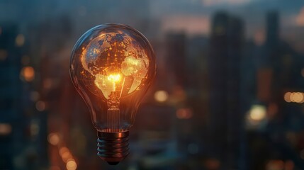 Glowing lightbulb with world map inside, city background.