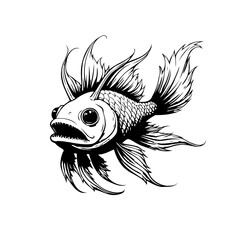 Intricate monochrome depiction showcasing a unique fish with elaborate fins and detailed scales swimming around