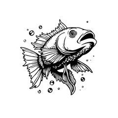 Detailed monochrome illustration showcasing a fish surrounded by bubbles in vector style, suitable for designs