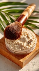 A fluffy makeup brush rests on a small container of loose face powder on a bamboo surface