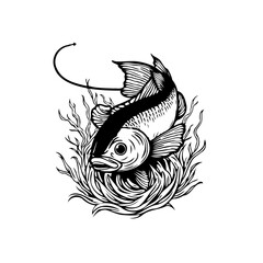 Detailed vector graphic showcasing a fish with hook swimming amid aquatic plants in black and white