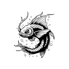 Elegant black and white illustration showcases a stylized fish with intricate details and flowing fins