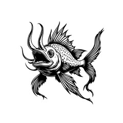Monochrome vintage illustration of a deep-sea fish with tentacles an open mouth and sharp spines black and white sketch