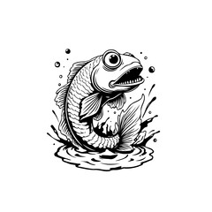 Illustration of a cartoon fish with bulging eyes splashing in the water design for t-shirt print
