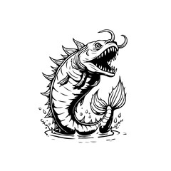 Monstrous aquatic creature illustration showcases its ferocious nature with detailed sharp teeth and menacing horns