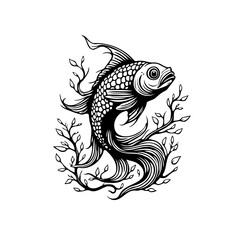A stylized illustration of a fish swimming among branches with intricate scales and flowing fins creates artistic effect