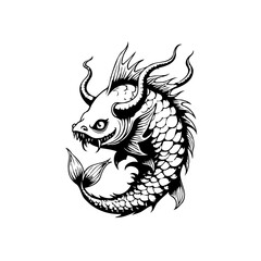 Intricate japanese dragon fish illustration representing mythical legends and folklore from oriental culture isolated on white background