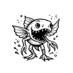 Spooky fish creature with wings and sharp teeth illustration, perfect for Halloween horror vector drawing art