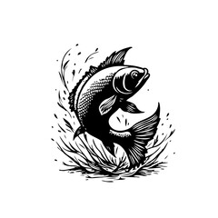 Monochrome fish art graphic illustration, a captivating creature leaping from the waters surface, artistic design