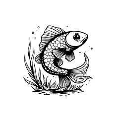 Whimsical single line drawing of a stylized fish swimming amidst aquatic plants with bubbly accents and simplicity