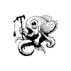 Intricate black and white drawing showcasing a quirky fish monster holding a unique tool and whimsical elements