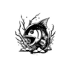 Monochrome illustration of a fierce fish with sharp teeth surrounded by aquatic vegetation and bubbles design