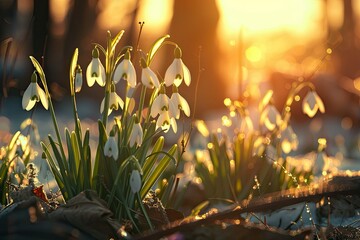 High Definition Picture of Beautiful Snowdrop Flowers in Morning Sunlight Spring