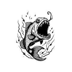 Aggressive predatory fish illustration with sharp teeth in monochrome color ready to attack prey and catch them