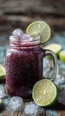 Minimalist composition of chilled purple ketchup in mason jar with melting ice and sliced lime, soft-focus wood texture background, bright airy mood, perfect for summer content