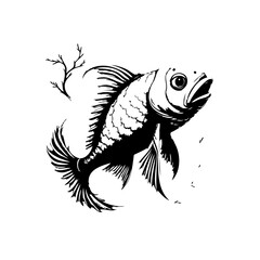 Elegant black and white vector illustration showcasing a serene fish design in aquatic life with nature