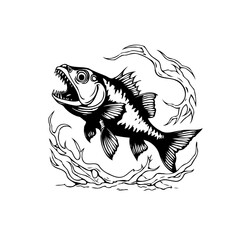 Fototapeta premium Detailed monochrome drawing of a fish with open mouth encircled by abstract lines illustration