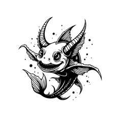 Intricate black and white drawing capturing the essence of an axolotl with a demonic twist